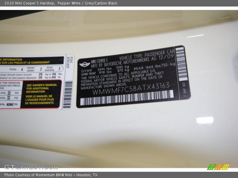 Pepper White / Grey/Carbon Black 2010 Mini Cooper S Hardtop