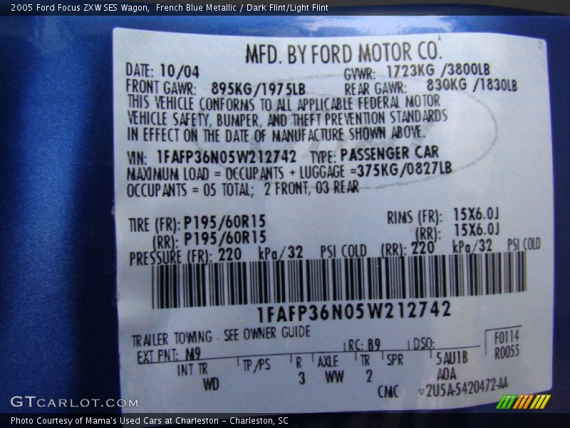 2005 Focus ZXW SES Wagon French Blue Metallic Color Code M9