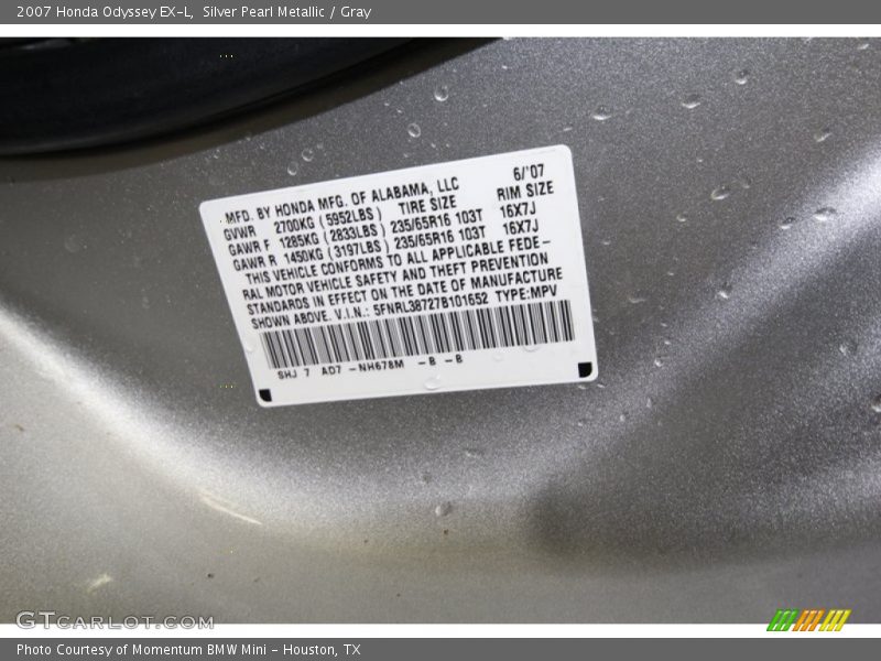 Silver Pearl Metallic / Gray 2007 Honda Odyssey EX-L