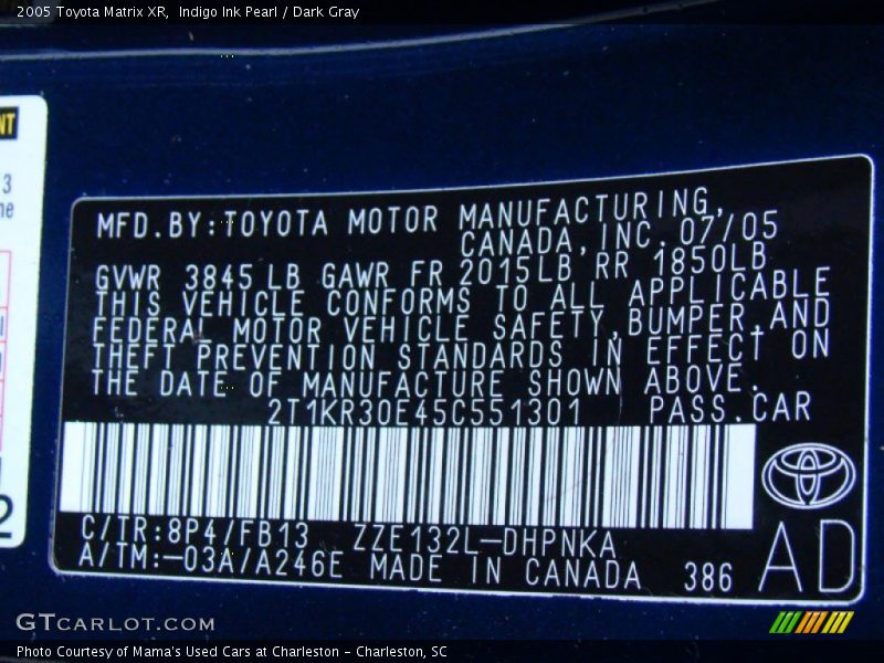 Indigo Ink Pearl / Dark Gray 2005 Toyota Matrix XR