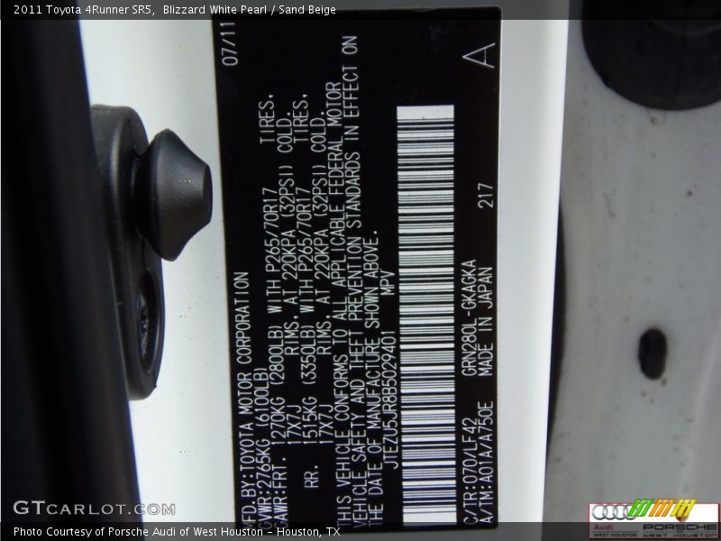 Blizzard White Pearl / Sand Beige 2011 Toyota 4Runner SR5