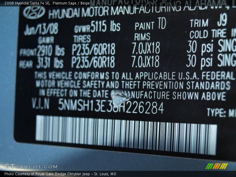 Platinum Sage / Beige 2008 Hyundai Santa Fe SE