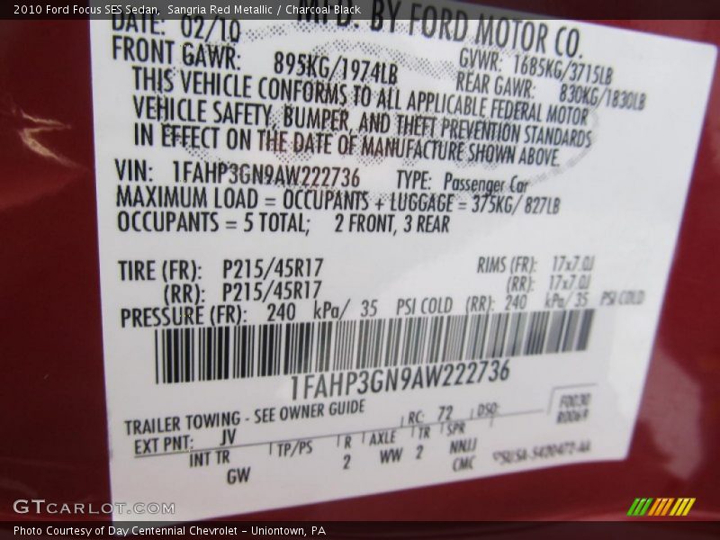 2010 Focus SES Sedan Sangria Red Metallic Color Code JV
