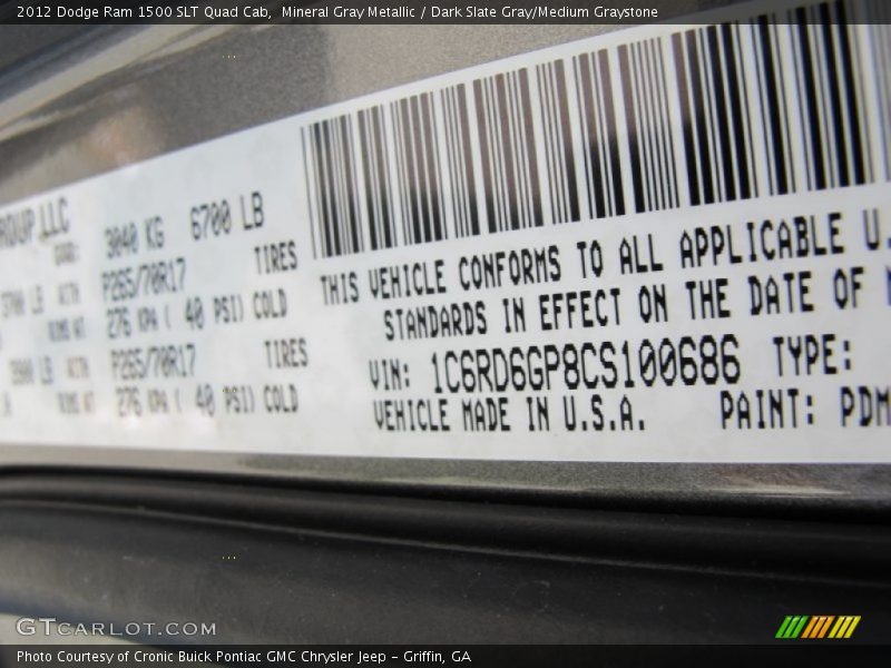 Mineral Gray Metallic / Dark Slate Gray/Medium Graystone 2012 Dodge Ram 1500 SLT Quad Cab