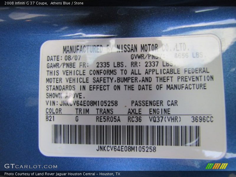 Athens Blue / Stone 2008 Infiniti G 37 Coupe
