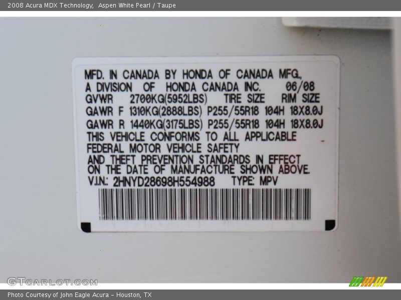 Aspen White Pearl / Taupe 2008 Acura MDX Technology