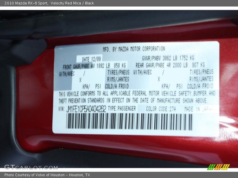 2010 RX-8 Sport Velocity Red Mica Color Code 27A