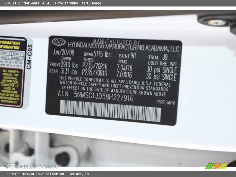2008 Santa Fe GLS Powder White Pearl Color Code W1