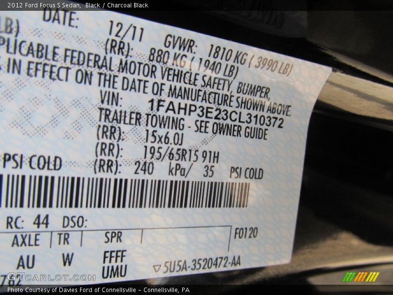 Black / Charcoal Black 2012 Ford Focus S Sedan