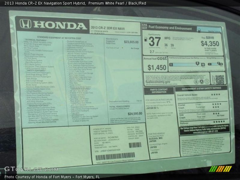  2013 CR-Z EX Navigation Sport Hybrid Window Sticker