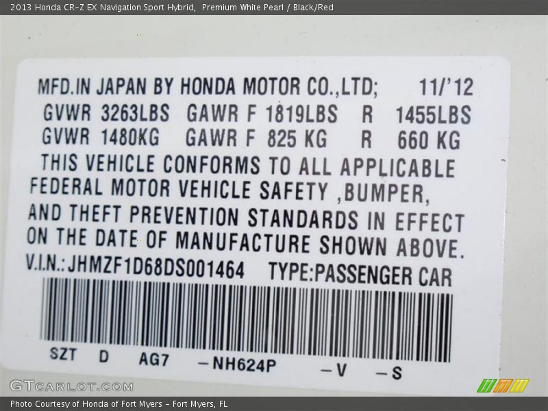 2013 CR-Z EX Navigation Sport Hybrid Premium White Pearl Color Code NH624P