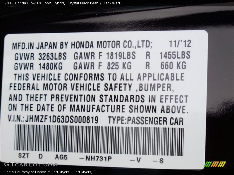 2013 CR-Z EX Sport Hybrid Crystal Black Pearl Color Code NH731P