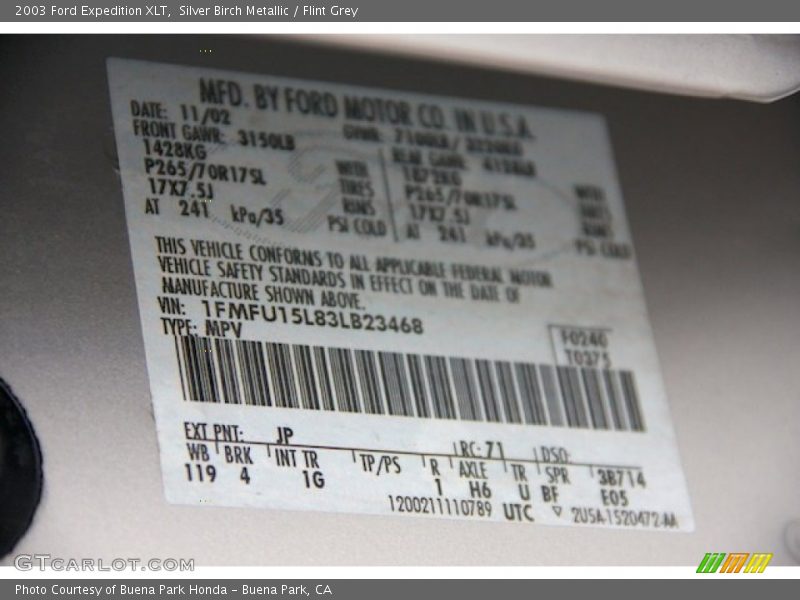 2003 Expedition XLT Silver Birch Metallic Color Code JP