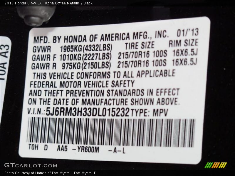 2013 CR-V LX Kona Coffee Metallic Color Code YR600M
