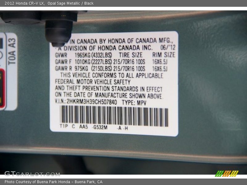 Opal Sage Metallic / Black 2012 Honda CR-V LX