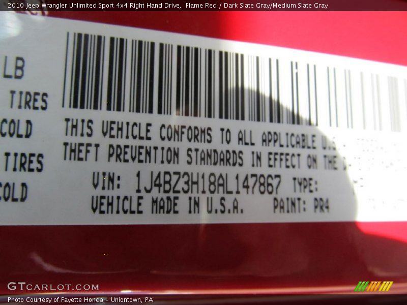 2010 Wrangler Unlimited Sport 4x4 Right Hand Drive Flame Red Color Code PR4