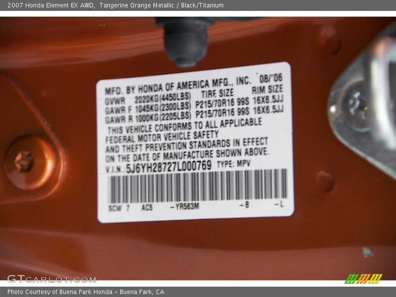 Tangerine Orange Metallic / Black/Titanium 2007 Honda Element EX AWD