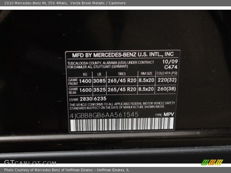 2010 ML 350 4Matic Verde Brook Metallic Color Code 474