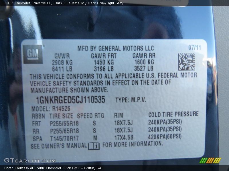 Dark Blue Metallic / Dark Gray/Light Gray 2012 Chevrolet Traverse LT