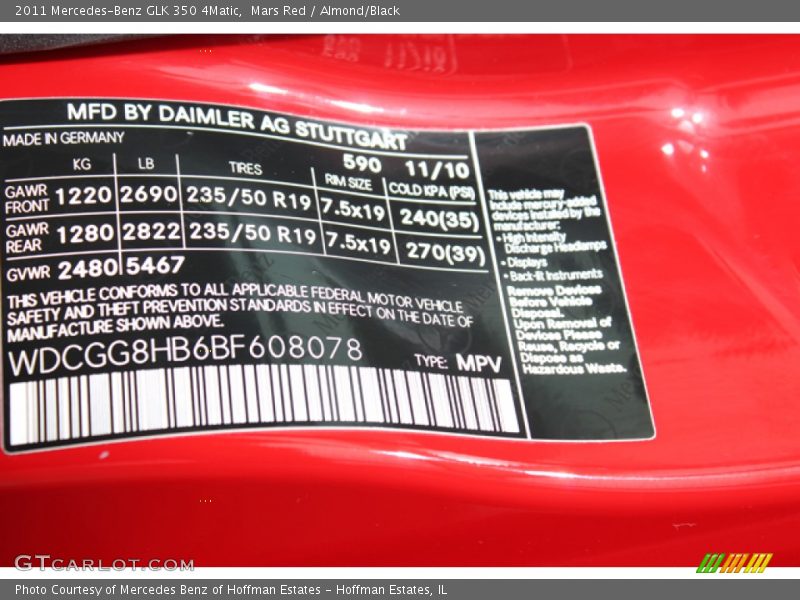 2011 GLK 350 4Matic Mars Red Color Code 590