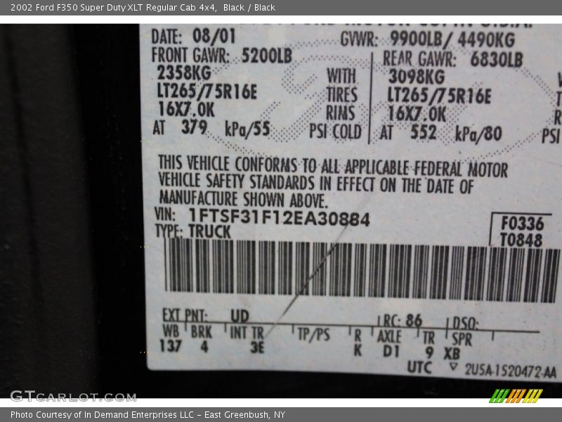 2002 F350 Super Duty XLT Regular Cab 4x4 Black Color Code UD