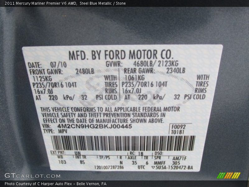 Steel Blue Metallic / Stone 2011 Mercury Mariner Premier V6 AWD