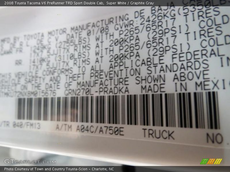 Super White / Graphite Gray 2008 Toyota Tacoma V6 PreRunner TRD Sport Double Cab