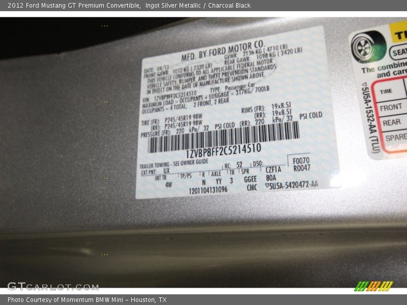 2012 Mustang GT Premium Convertible Ingot Silver Metallic Color Code UX