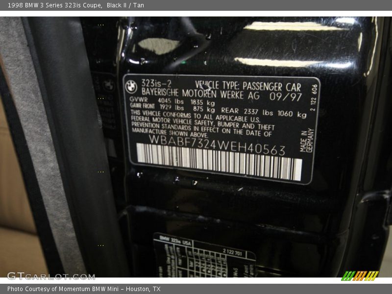 Info Tag of 1998 3 Series 323is Coupe