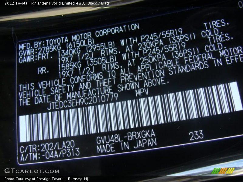 Black / Black 2012 Toyota Highlander Hybrid Limited 4WD