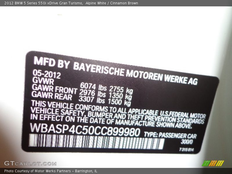 2012 5 Series 550i xDrive Gran Turismo Alpine White Color Code 300