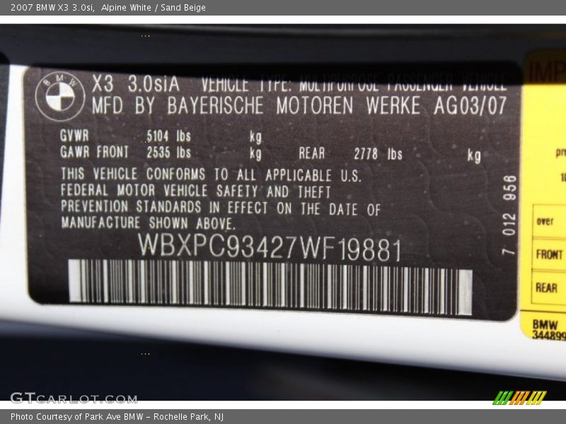Alpine White / Sand Beige 2007 BMW X3 3.0si
