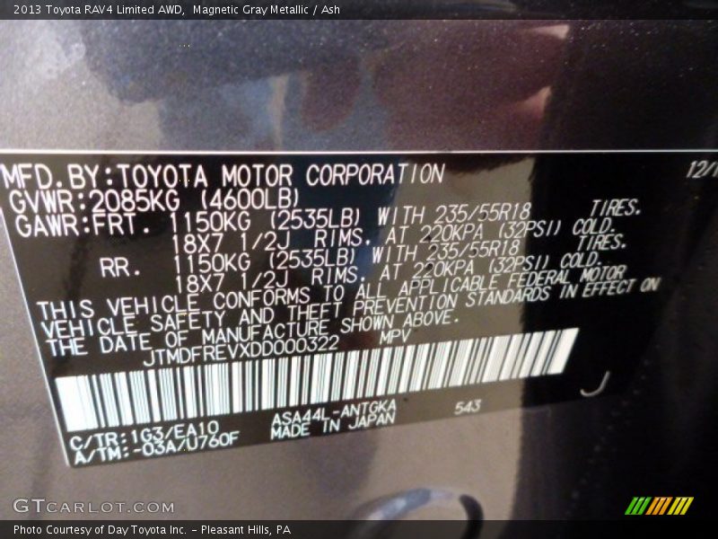2013 RAV4 Limited AWD Magnetic Gray Metallic Color Code 1G3