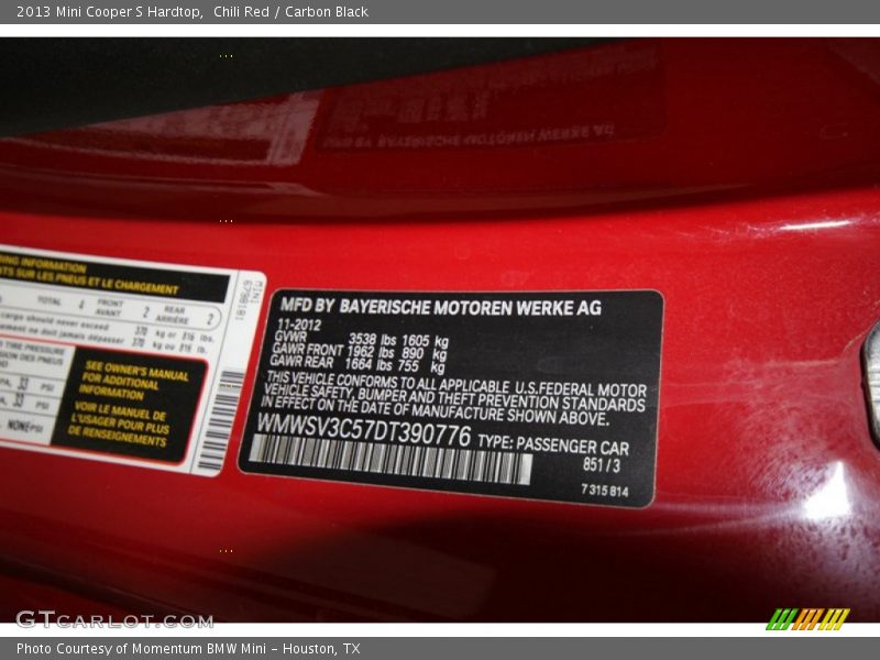 Chili Red / Carbon Black 2013 Mini Cooper S Hardtop