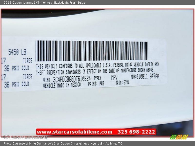 White / Black/Light Frost Beige 2013 Dodge Journey SXT