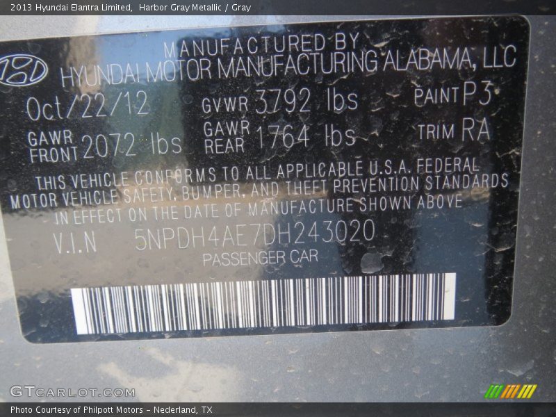 Harbor Gray Metallic / Gray 2013 Hyundai Elantra Limited