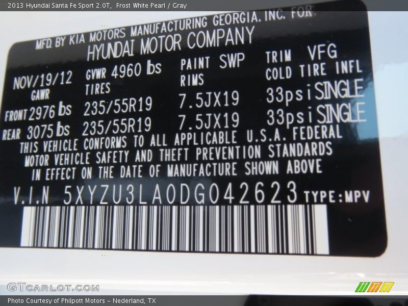 2013 Santa Fe Sport 2.0T Frost White Pearl Color Code SWP