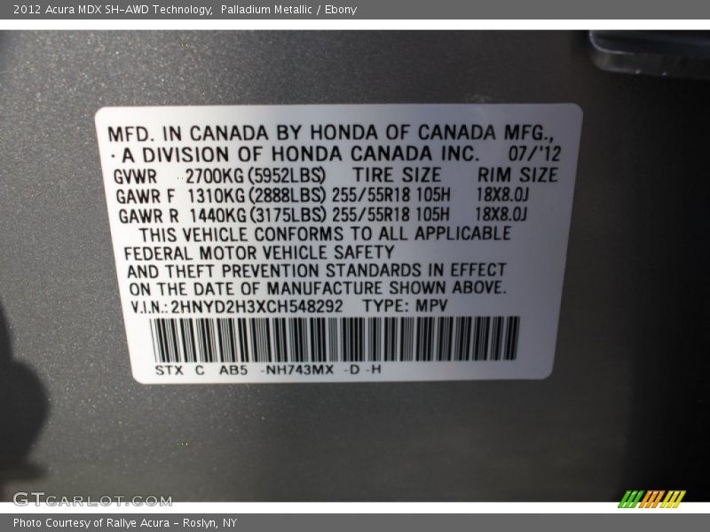 Palladium Metallic / Ebony 2012 Acura MDX SH-AWD Technology