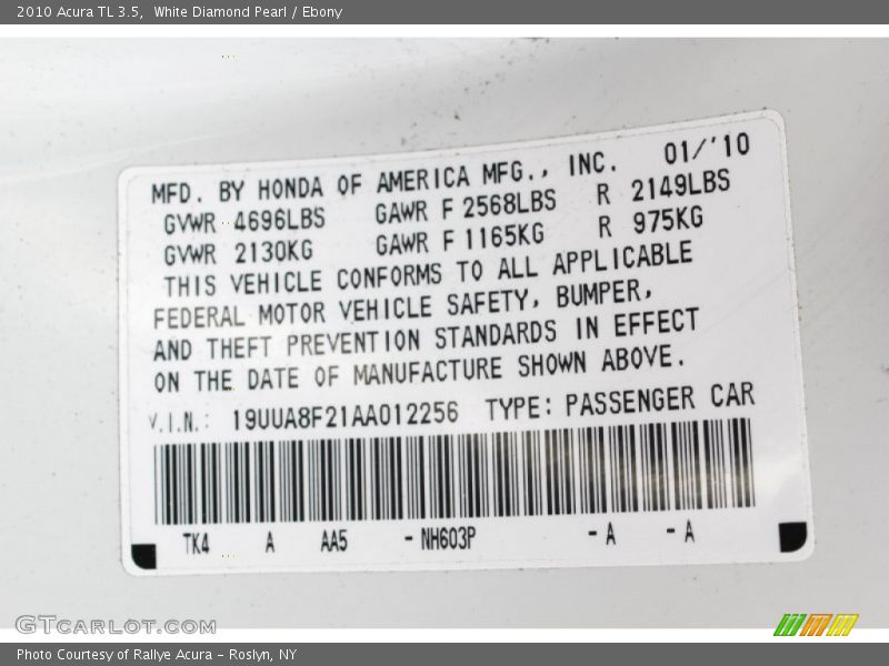 White Diamond Pearl / Ebony 2010 Acura TL 3.5