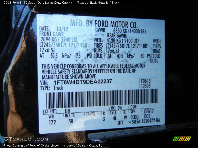 2013 F450 Super Duty Lariat Crew Cab 4x4 Tuxedo Black Metallic Color Code UH