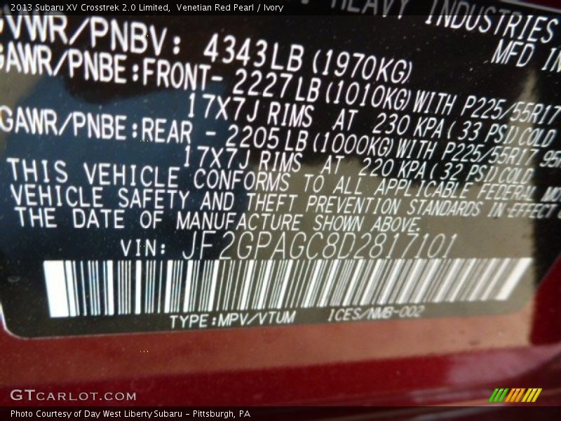 Venetian Red Pearl / Ivory 2013 Subaru XV Crosstrek 2.0 Limited
