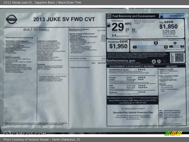  2013 Juke SV Window Sticker