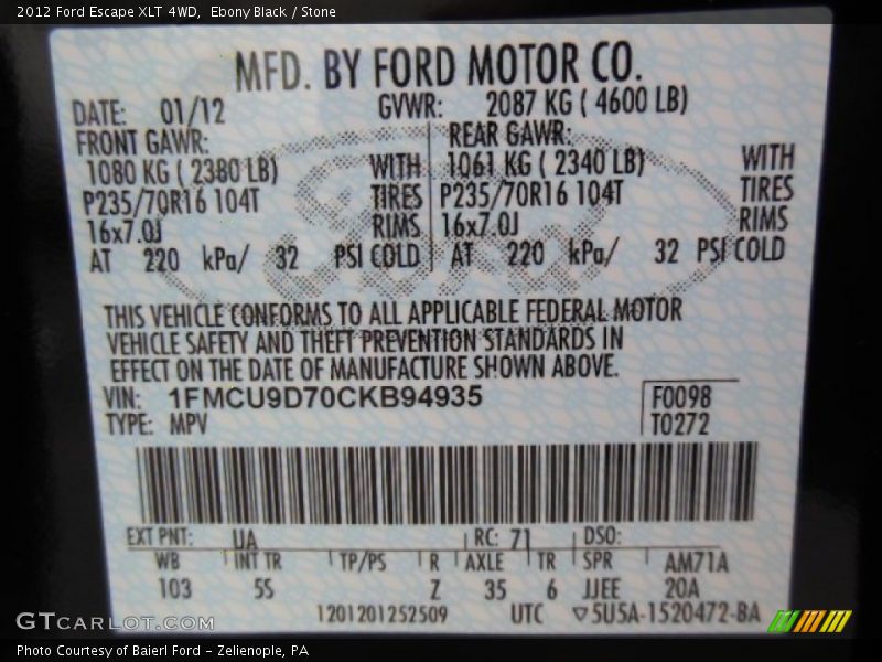 Ebony Black / Stone 2012 Ford Escape XLT 4WD