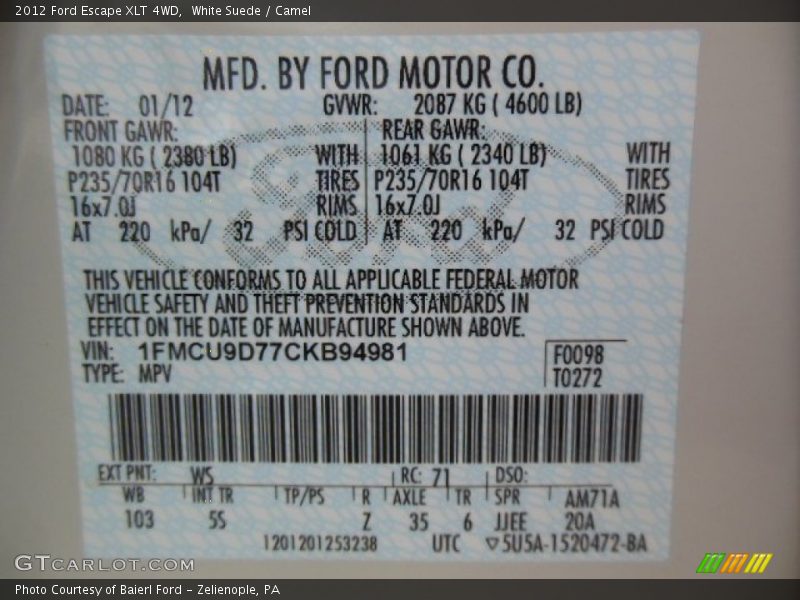 White Suede / Camel 2012 Ford Escape XLT 4WD