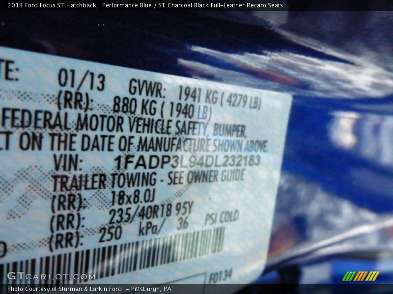 Performance Blue / ST Charcoal Black Full-Leather Recaro Seats 2013 Ford Focus ST Hatchback