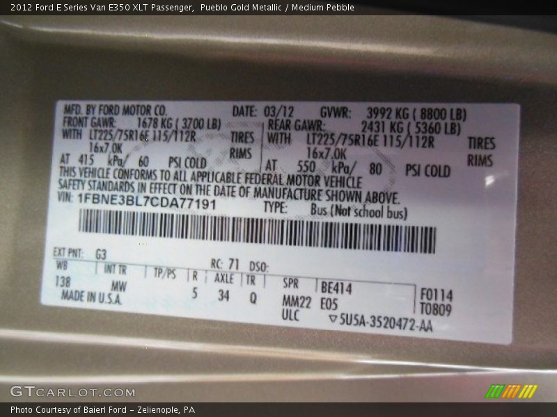 2012 E Series Van E350 XLT Passenger Pueblo Gold Metallic Color Code G3