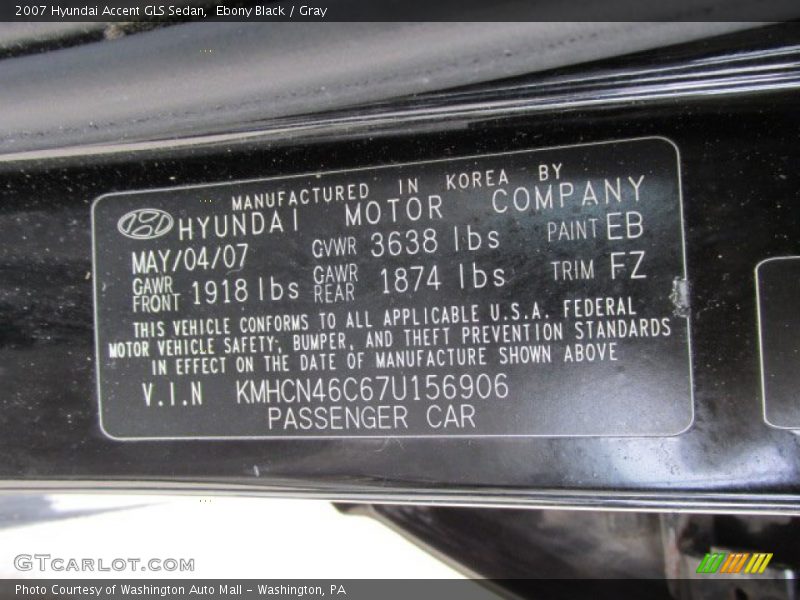 2007 Accent GLS Sedan Ebony Black Color Code EB