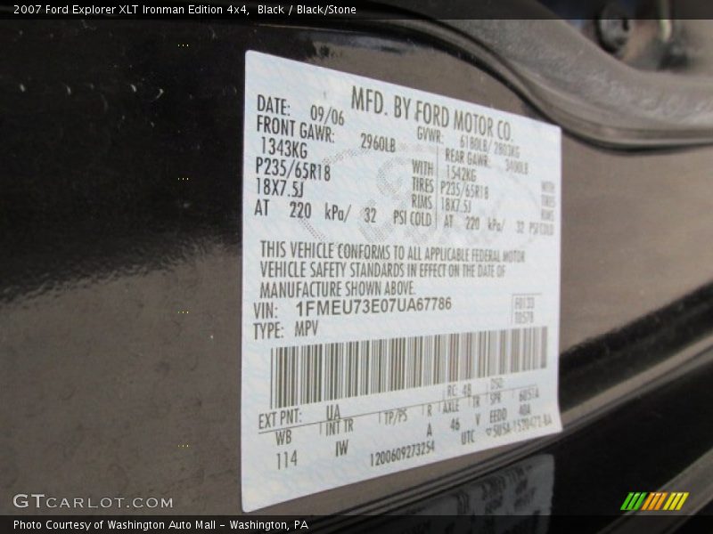 2007 Explorer XLT Ironman Edition 4x4 Black Color Code UA