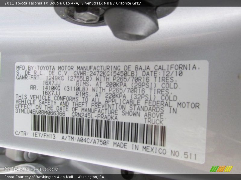 2011 Tacoma TX Double Cab 4x4 Silver Streak Mica Color Code 1E7