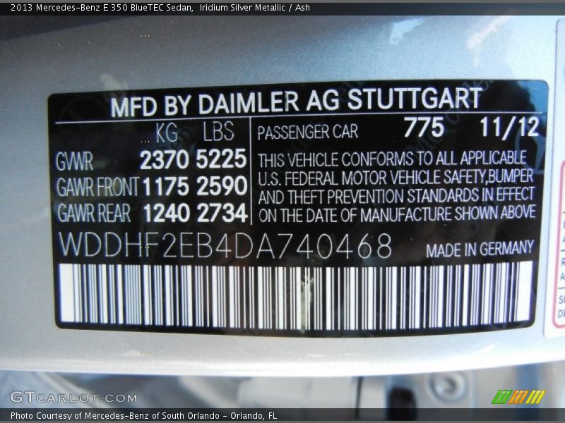 Iridium Silver Metallic / Ash 2013 Mercedes-Benz E 350 BlueTEC Sedan